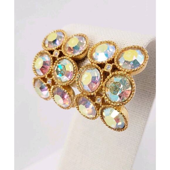 Vintage Signed Stanley Rhinestone AB Gold Tone Curved Clip On Earrings 1" - Picture 2 of 6